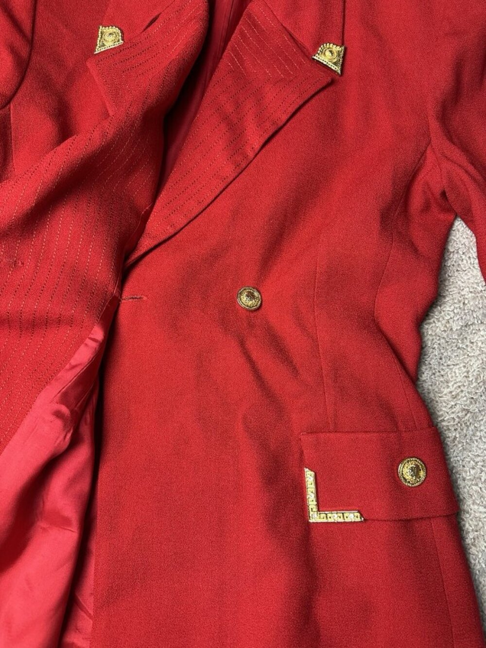 VTG Alberto Makali Red Power Blazer Jacket Gold Greek Key Lion Sunburst Size 14 - Picture 10 of 14